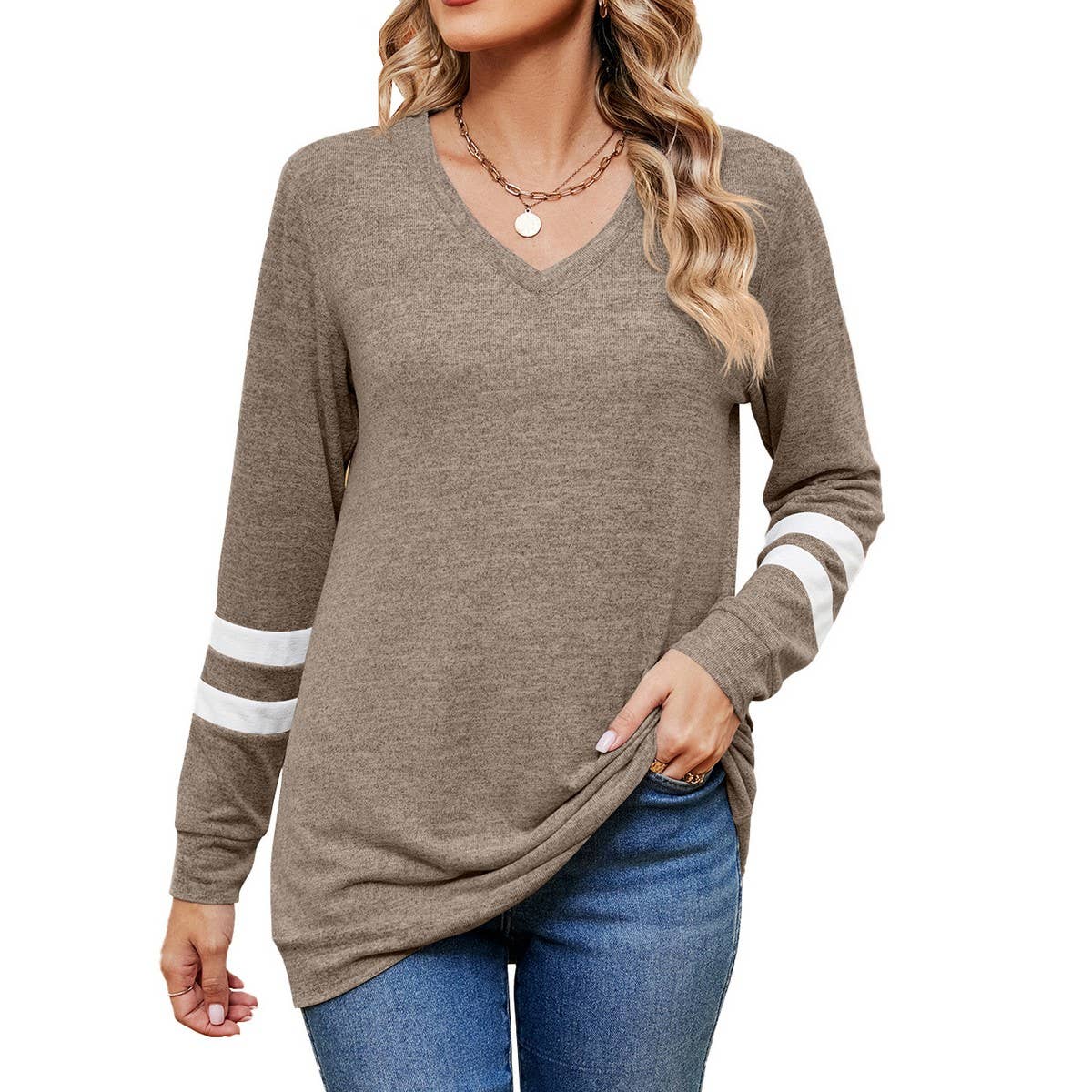 V-neck printed long-sleeved casual top T-shirt