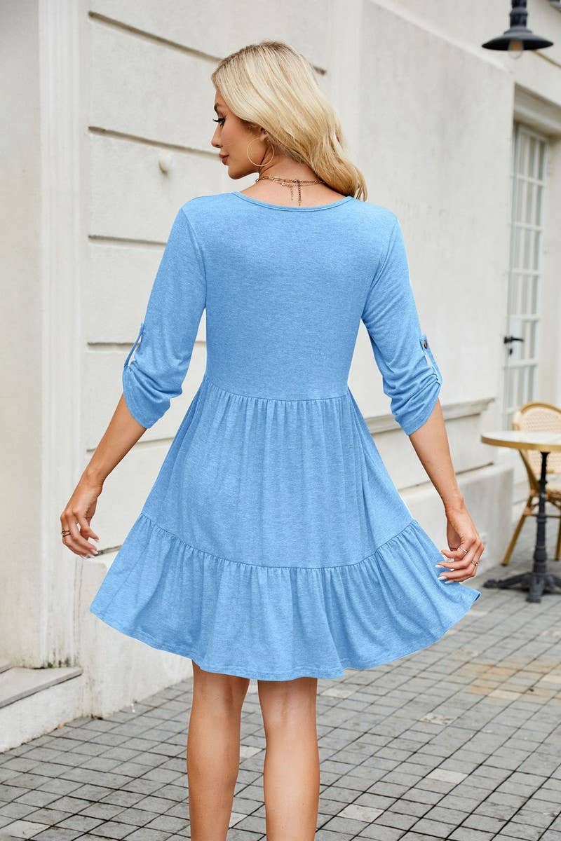 CWDSD7285_ROUND NECK BUTTON GATHERED ELBOW SLEEVE DRESS