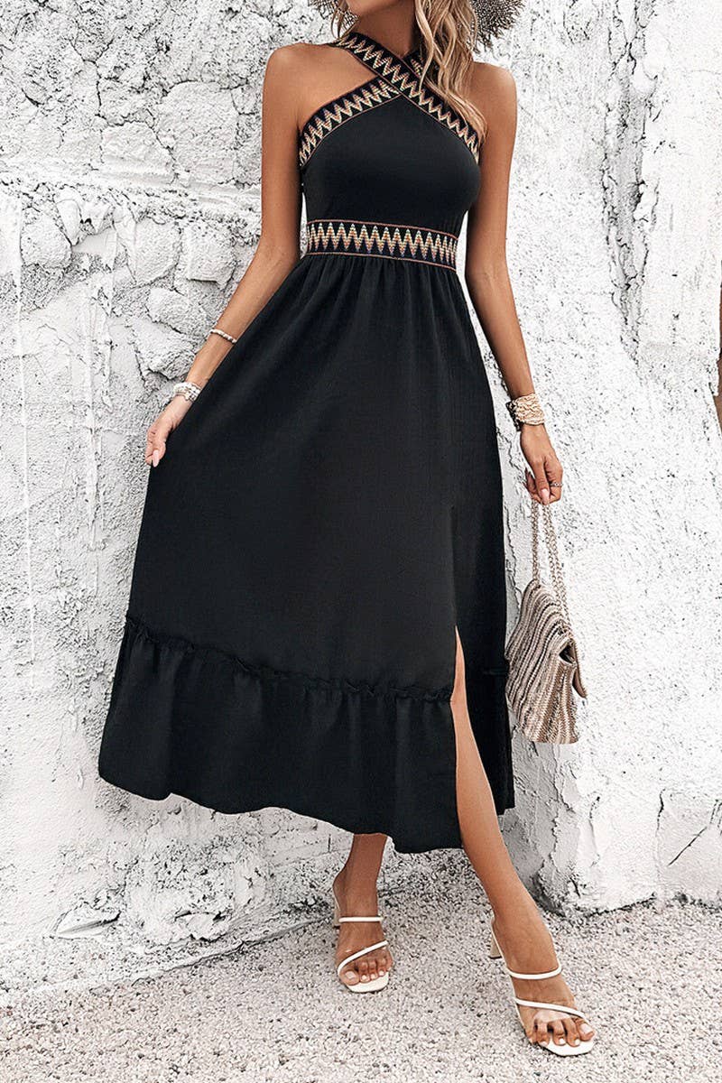 CWDHL1101_TEMPERAMENT LADY HIGH WAIST CROSS HALTER DRESS
