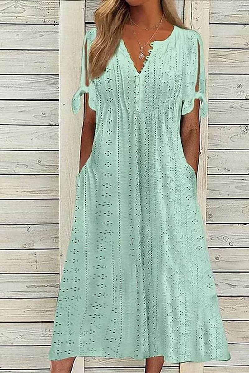 CWDMD5497_SUMMER V-NECK LACE HOLLOW RUFFLE DRESS