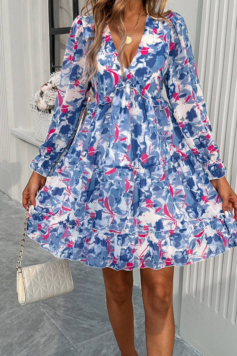 CWDSD7137_ELEGANT PRINTED V NECK LONG SLEEVE DRESS