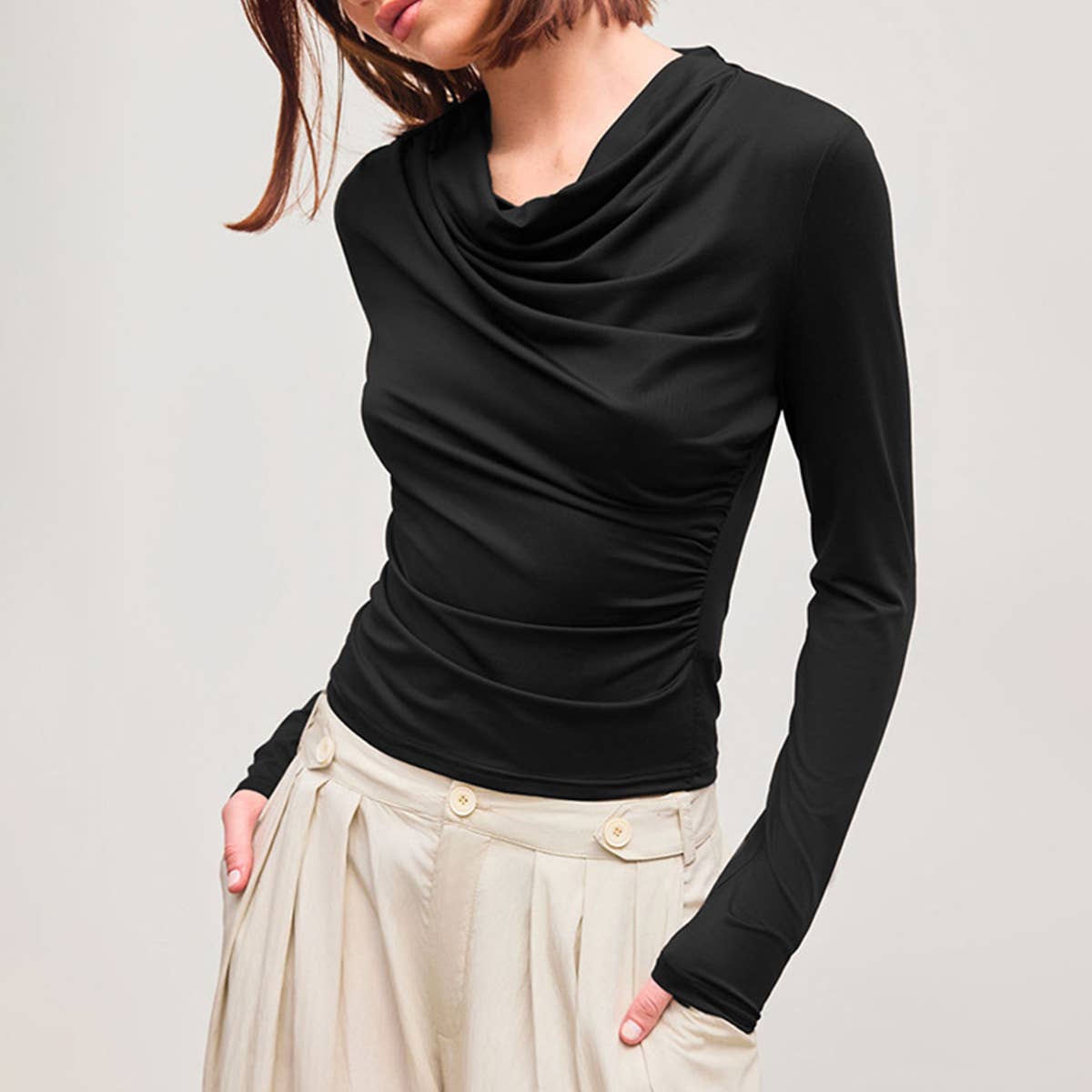 SLIM SLIM DESIGN SOLID COLOR LONG SLEEVE TOP