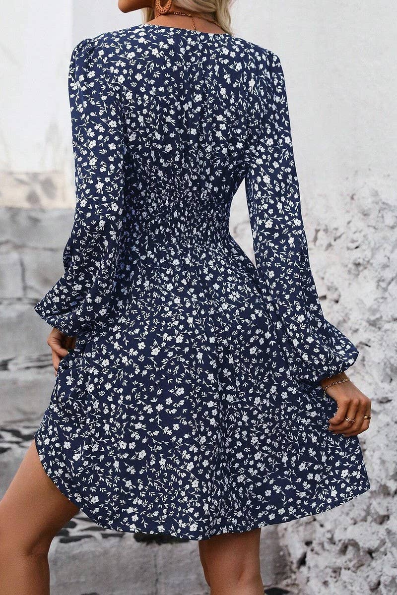 CWDSD8399_V NECK LANTERN SLEEVE RUCHED WAIST DRESS