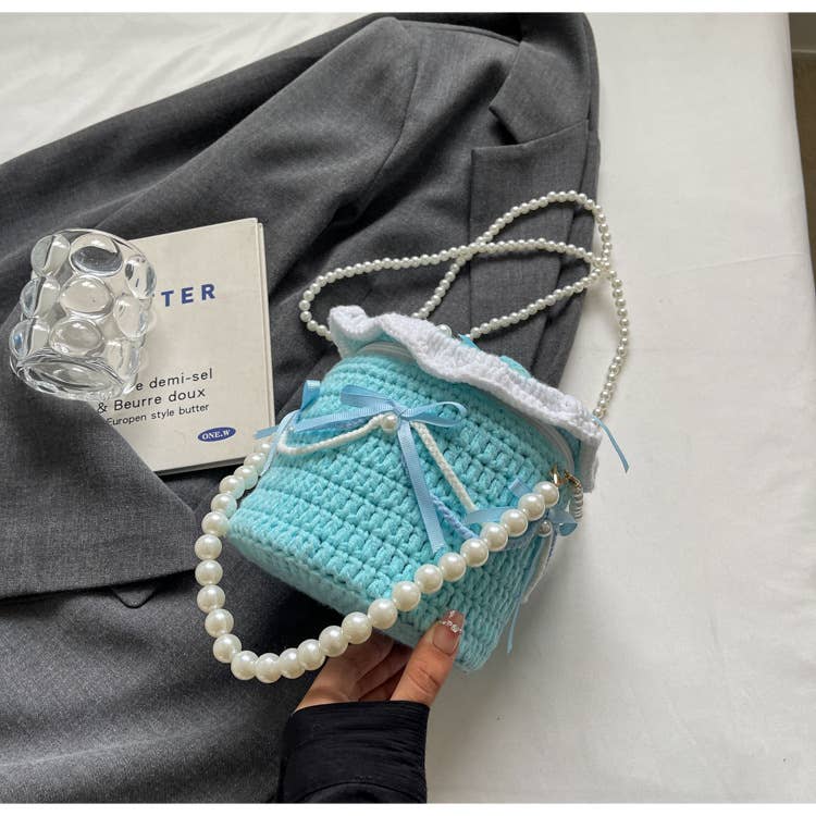 Personalized cake-shaped pearl chain knitted bag