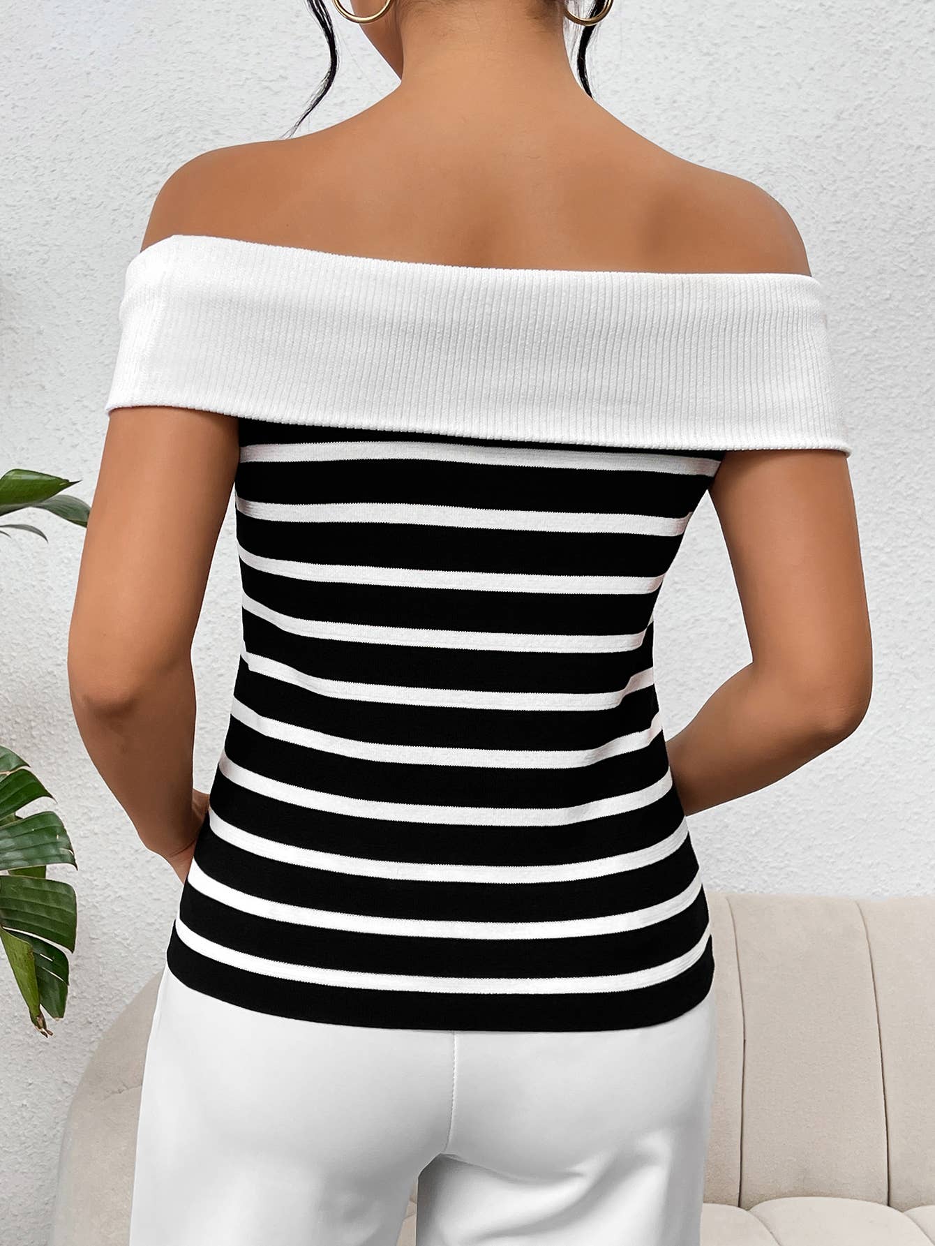 Stylish striped off-the-shoulder pullover sweater