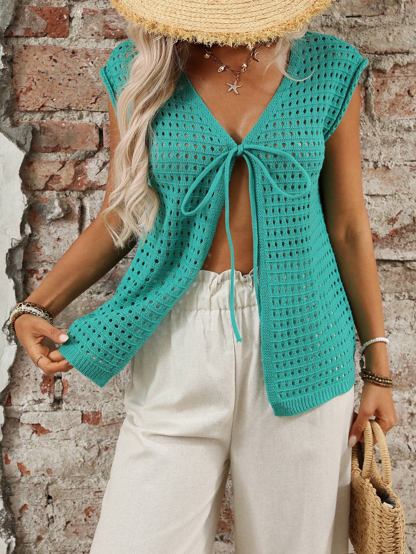 Hollow-out sweater short-sleeved knit smock