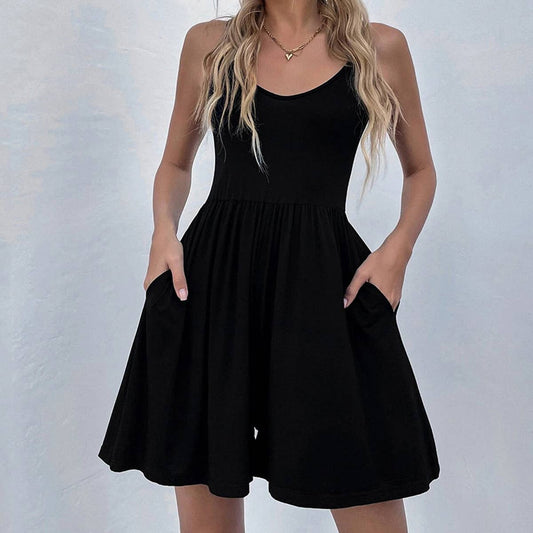 Open back pocket knitted camisole jumpsuit shorts_CWSJS0579