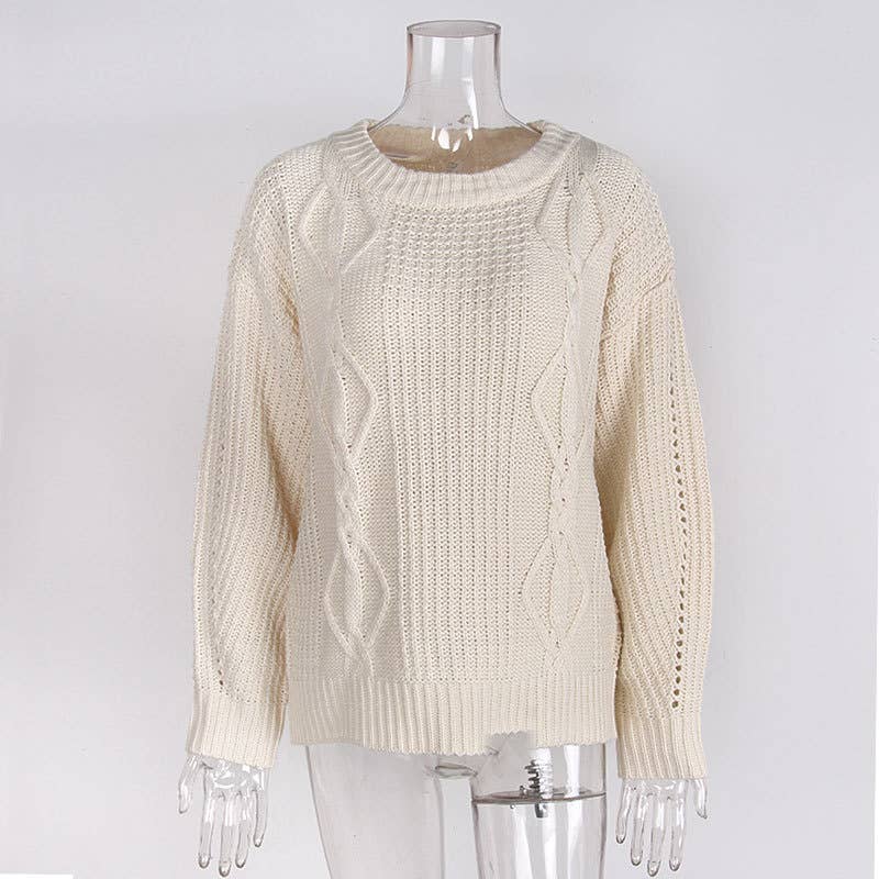 SOLID COLOR CREW NECK TWIST PULLOVER SWEATER