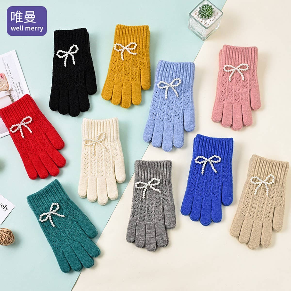CWAG00586_WOMEN WINTER KNIT BOW PEARL TOUCHSCREEN GLOVES