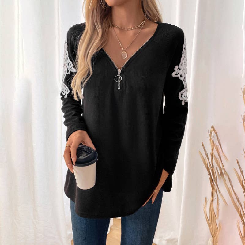 Lace patchwork long-sleeved T-shirt