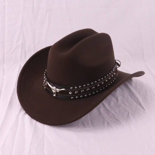 Wide Brim Felt Cowboy Hat with Bull Metal Decor_CWAH3664
