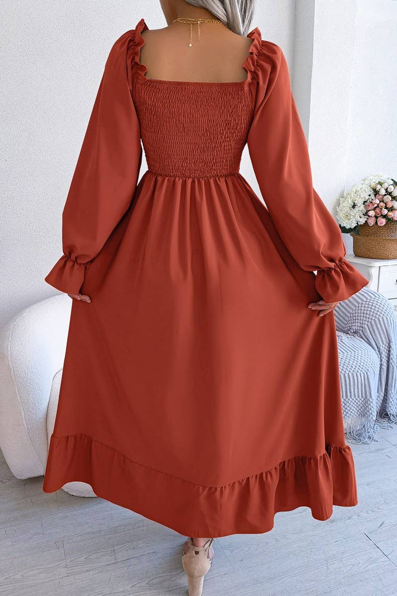 SQUARE NECK LARGE SWING FLOUNCES LONG DRESS_CWDMD1165