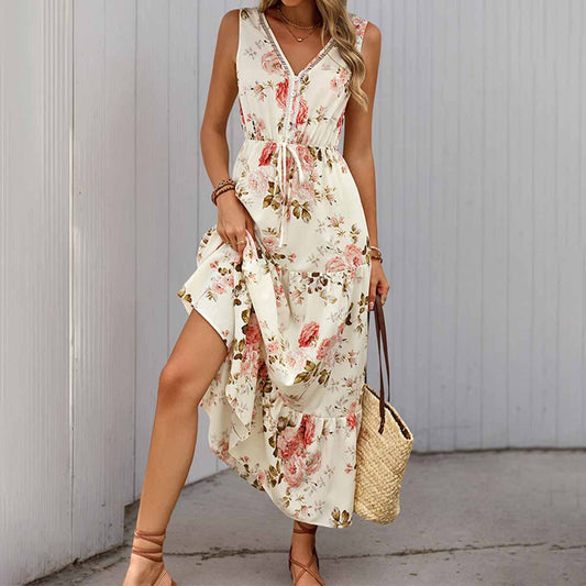 V-neck sleeveless waist trim patchwork long dress