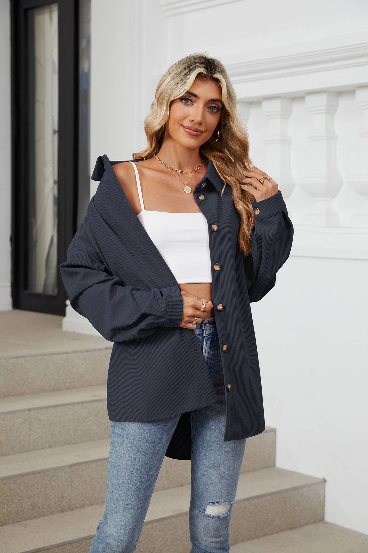 LAPEL BUTTON-DOWN LONG-SLEEVED SHIRT JACKET