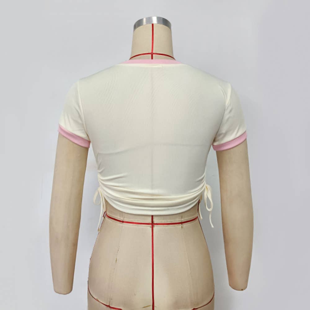 Printed Round Neck Drawstring Short T-Shirt