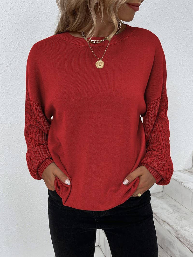SOLID COLOR ROUND NECK LANTERN SLEEVE SWEATER