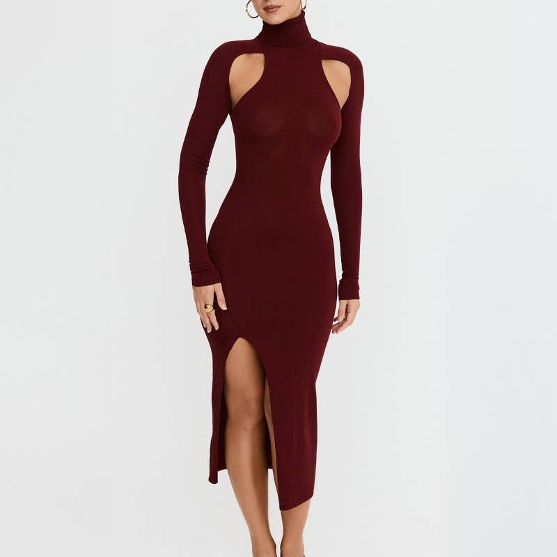 FASHION CUTOUT SLIM DRESS WITH HIGH NECK AND SLIT