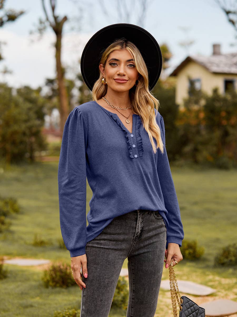 SOLID COLOR V-NECK BUTTON-DOWN WOODEN TRIM TOP