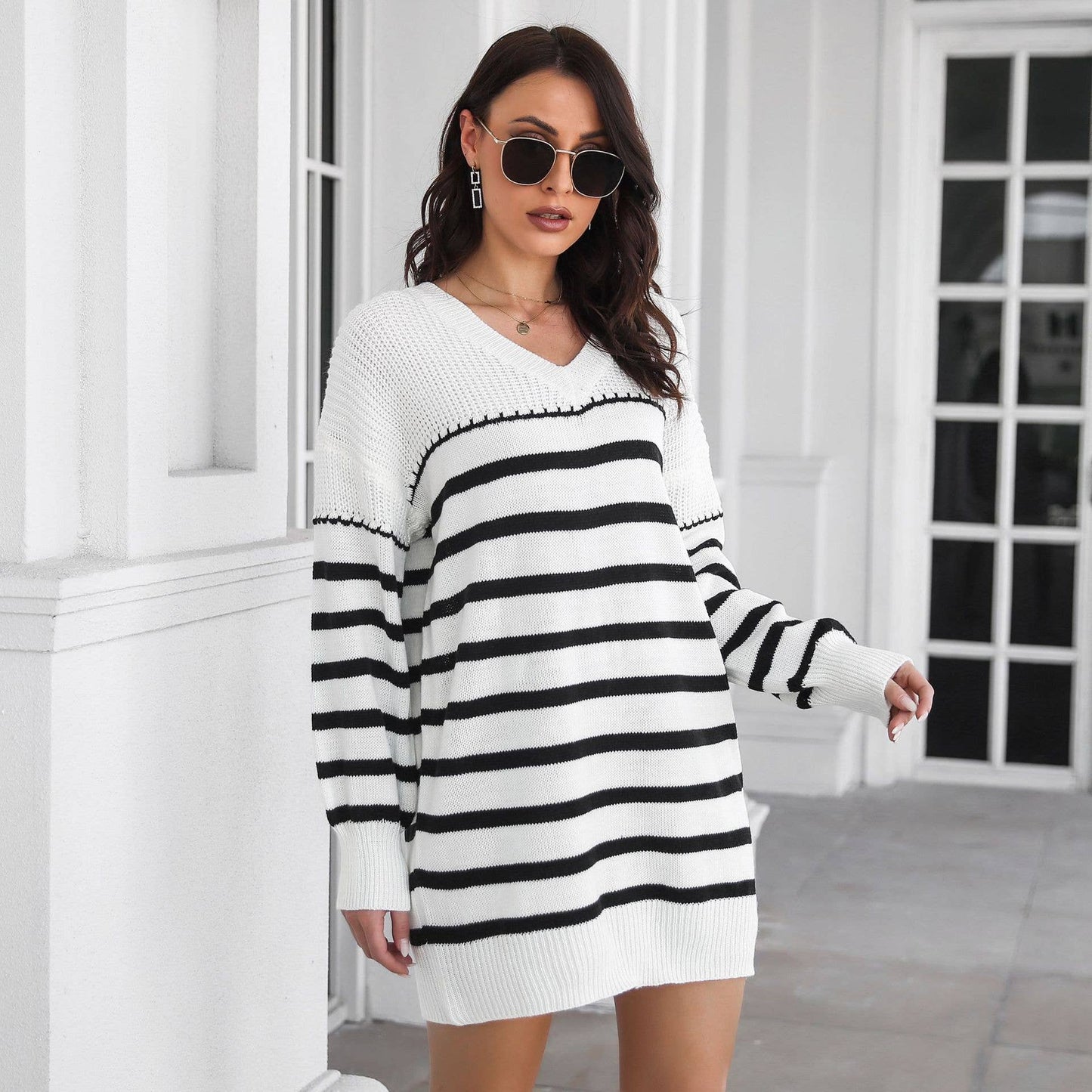 STRIPED V-NECK LONG-SLEEVED SWEATER DRESS