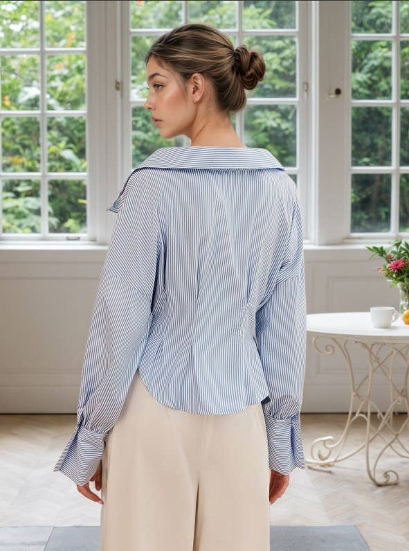 Lapel puffed sleeve pleated and cinched shirt