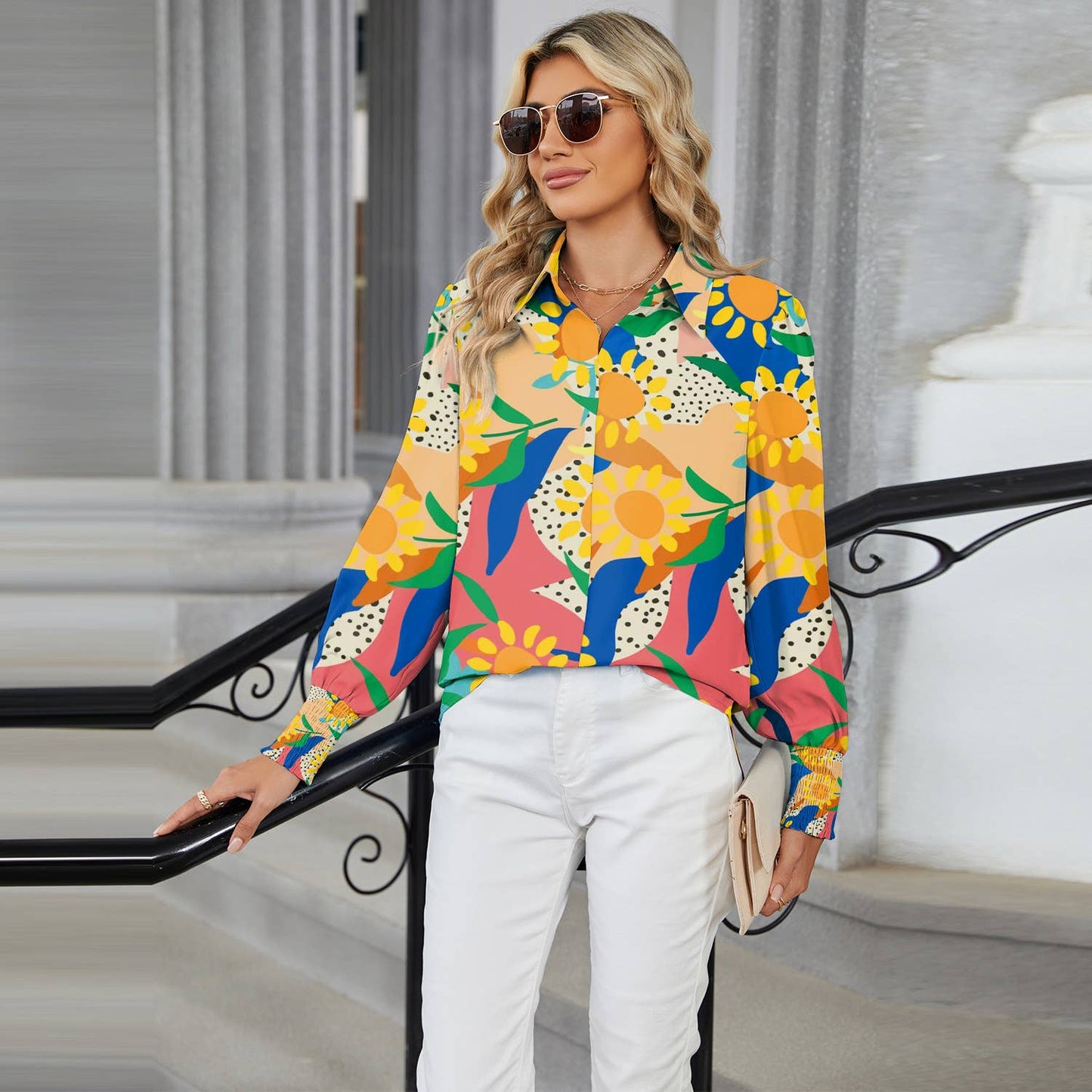 LAPEL FLORAL PRINT CASUAL LONG-SLEEVED SHIRT
