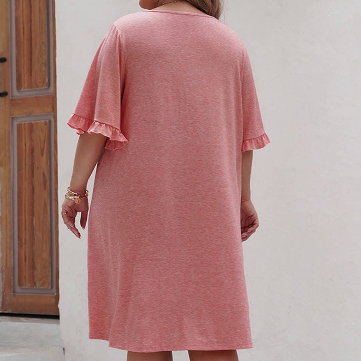 SOLID COLOR PLUSSIZE CHIFFON V NECK CASUAL DRESS_CWDSD3143