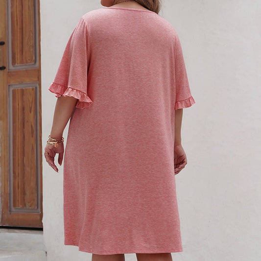 SOLID COLOR PLUSSIZE CHIFFON V NECK CASUAL DRESS_CWDSD3143
