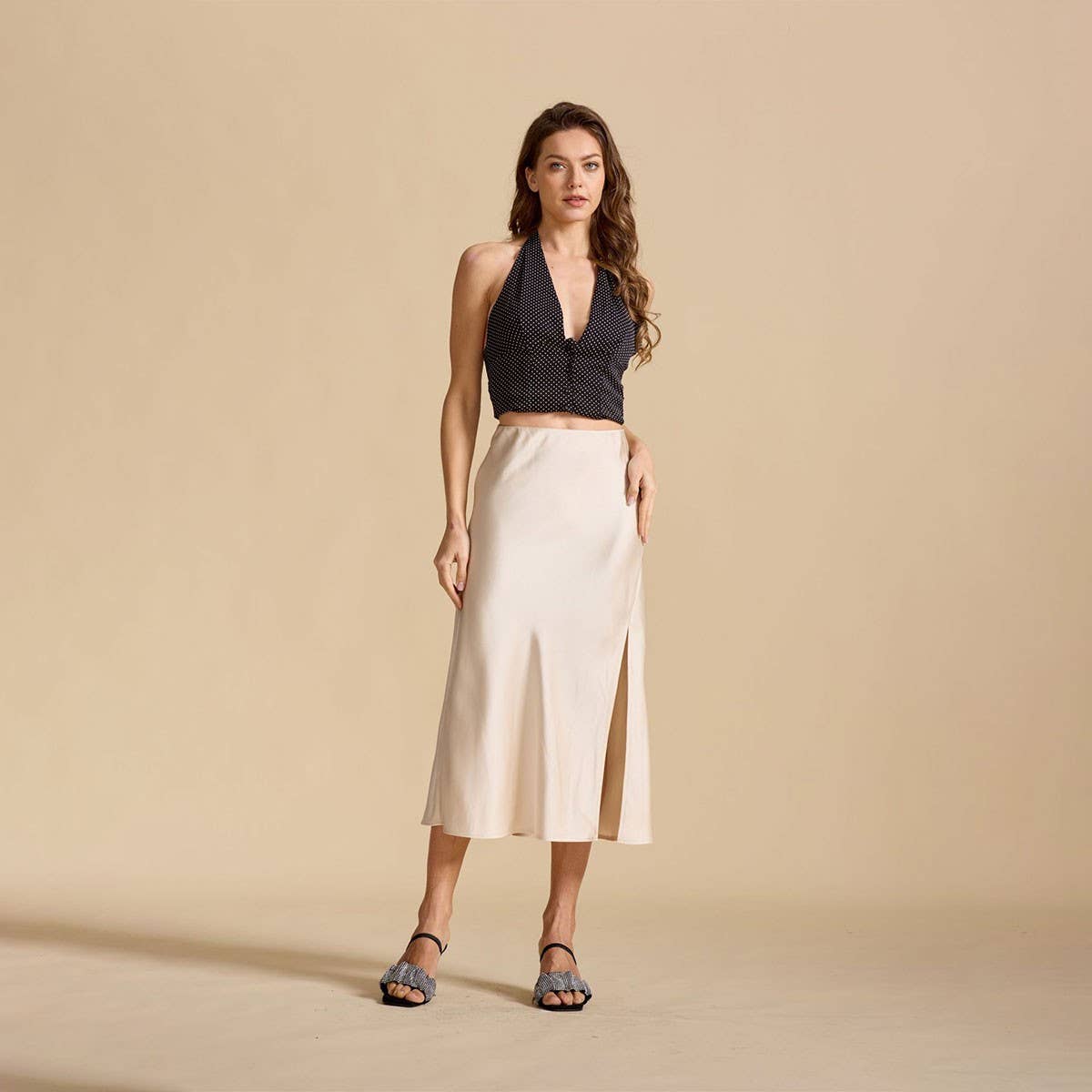 SATIN SKIRT HIGH WAIST ELASTIC SLANTED LONG SKIRT