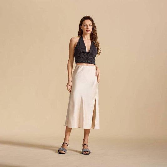 SATIN SKIRT HIGH WAIST ELASTIC SLANTED LONG SKIRT