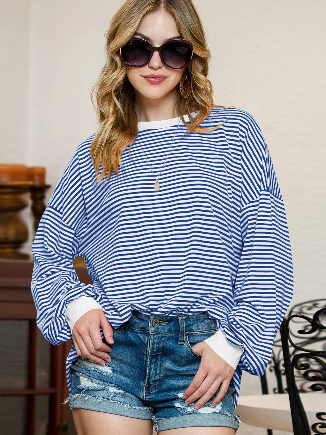 STRIPED LONG-SLEEVED T-SHIRT CREW NECK HOODIE