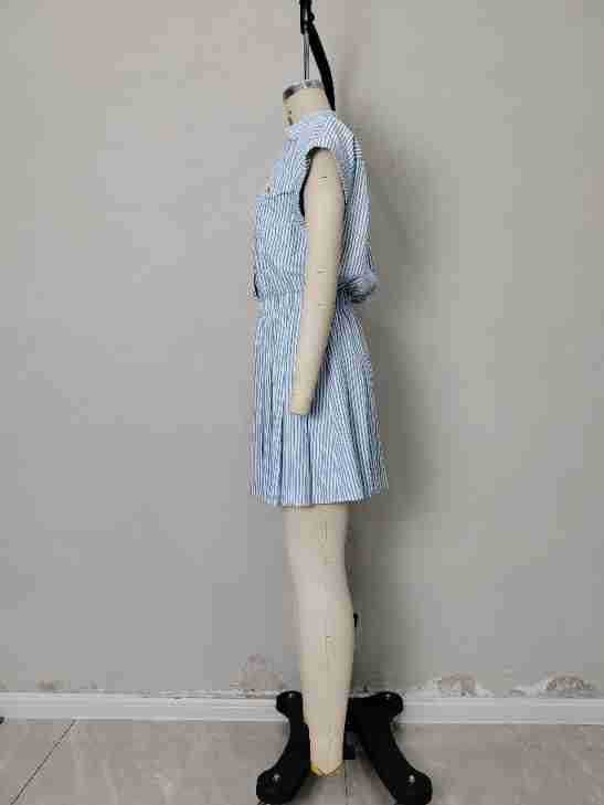 Striped lapel shirt, waist-cinching short dress
