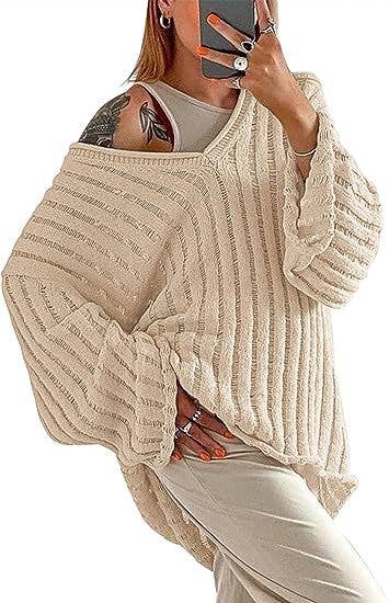 V-NECK SOLID COLOR PIT STRIPE THICK KNIT SWEATER