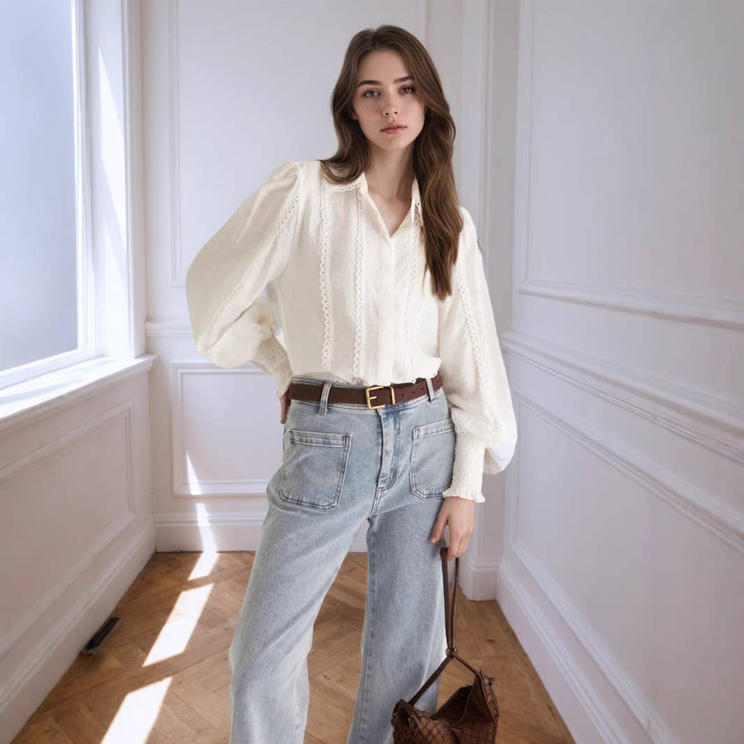 Lantern sleeve fabric lace trim fashion shirt