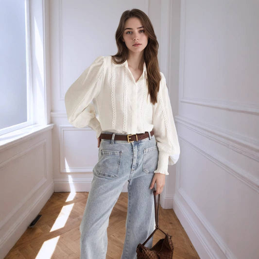 Lantern sleeve fabric lace trim fashion shirt