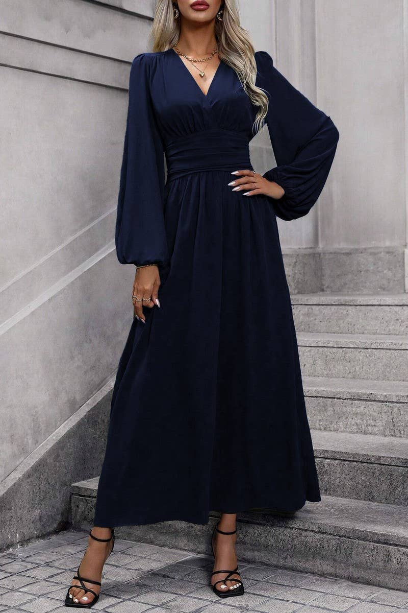 CWDMD3950_V-NECK LANTERN SLEEVES HIGH SLIT DRESS