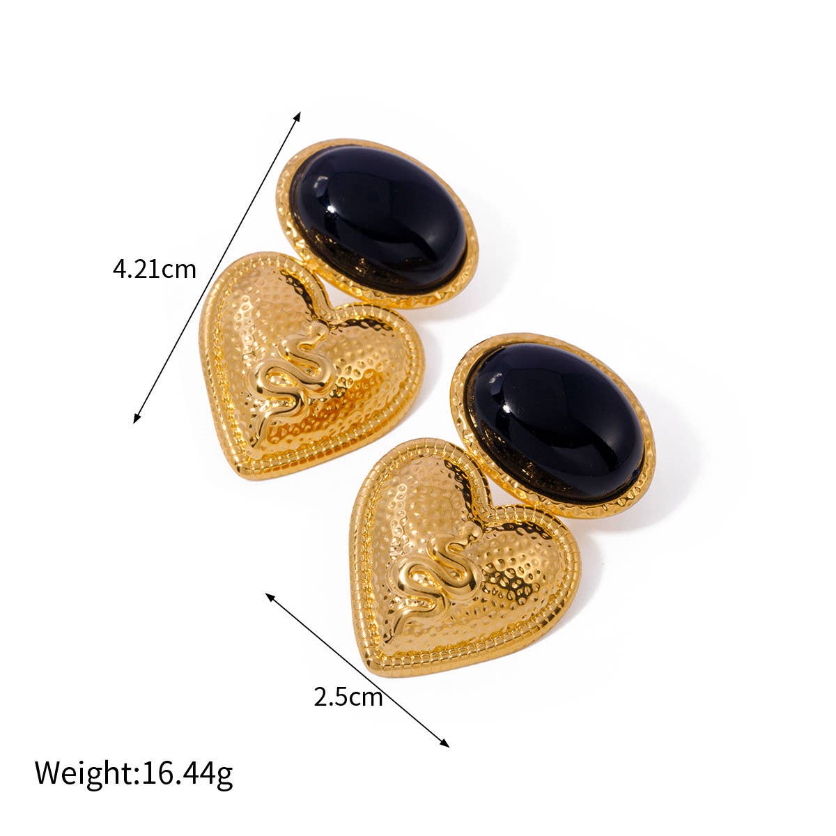 BLACK ONYX HAMMERED LOVE HEART SNAKE EARRINGS_CWAHA0914