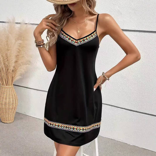 Fashionable ethnic printed sexy lace halter dress