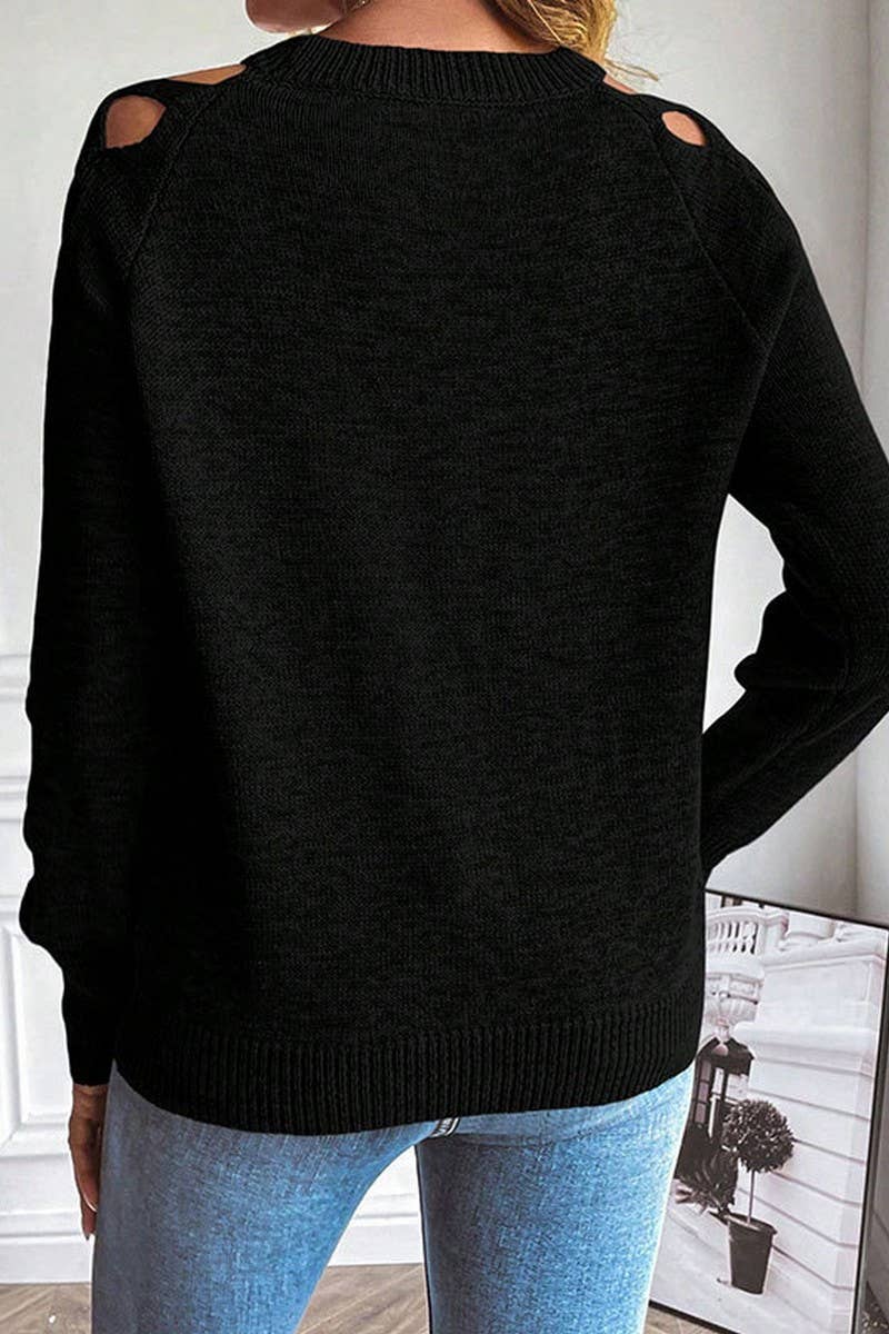 CWOSWL07365_HOLLOW STRIP PATCH LONG SLEEVE KNIT CREWNECK TOP
