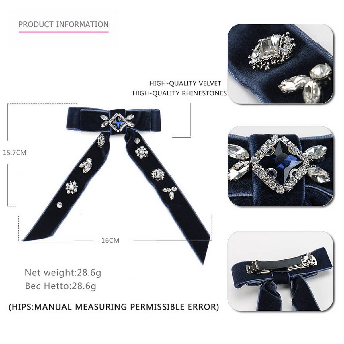 VINTAGE CRYSTAL HAIRPIN VELVET BOW HAIR ACCESSORY