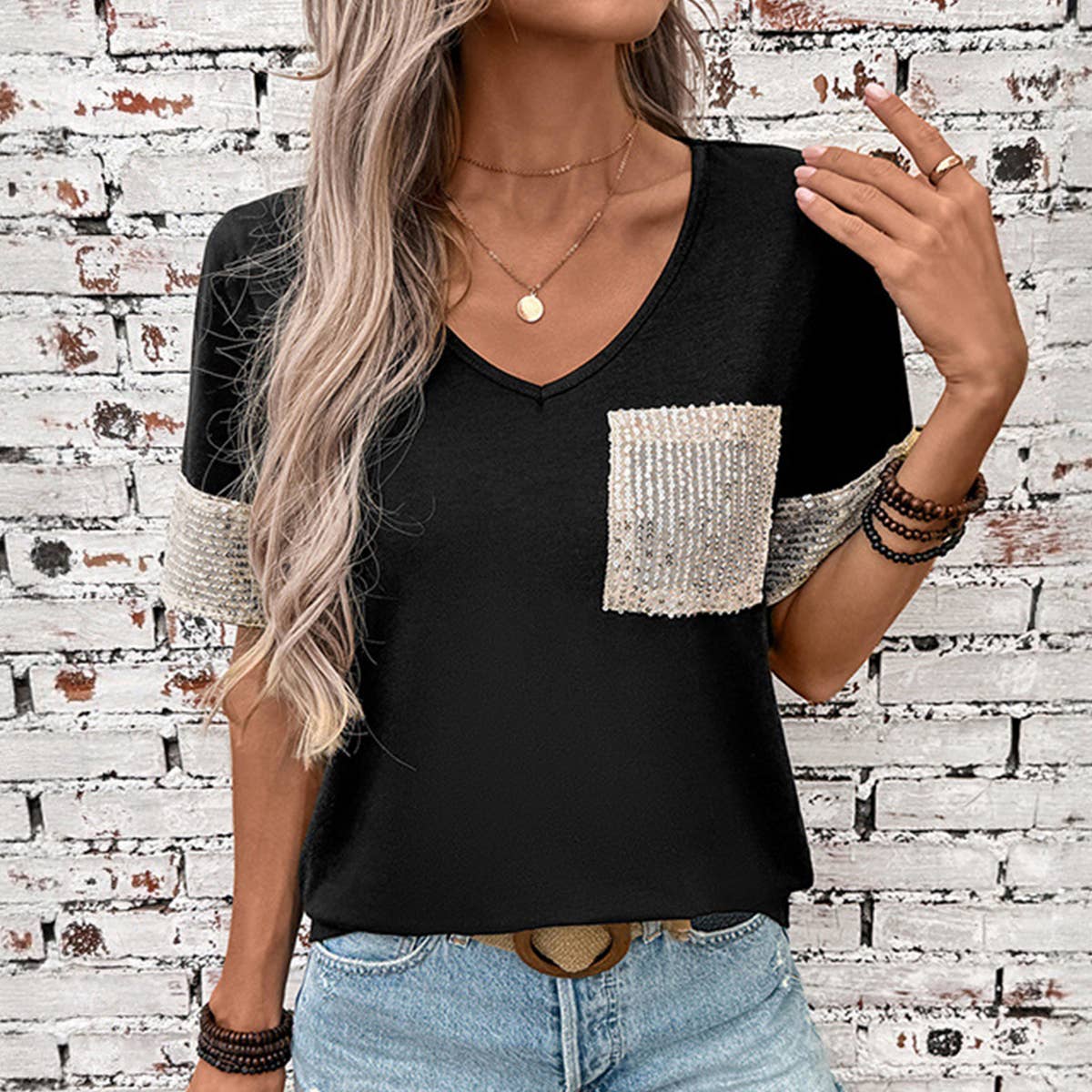 Basic Black and White Sequin Short Sleeve Top