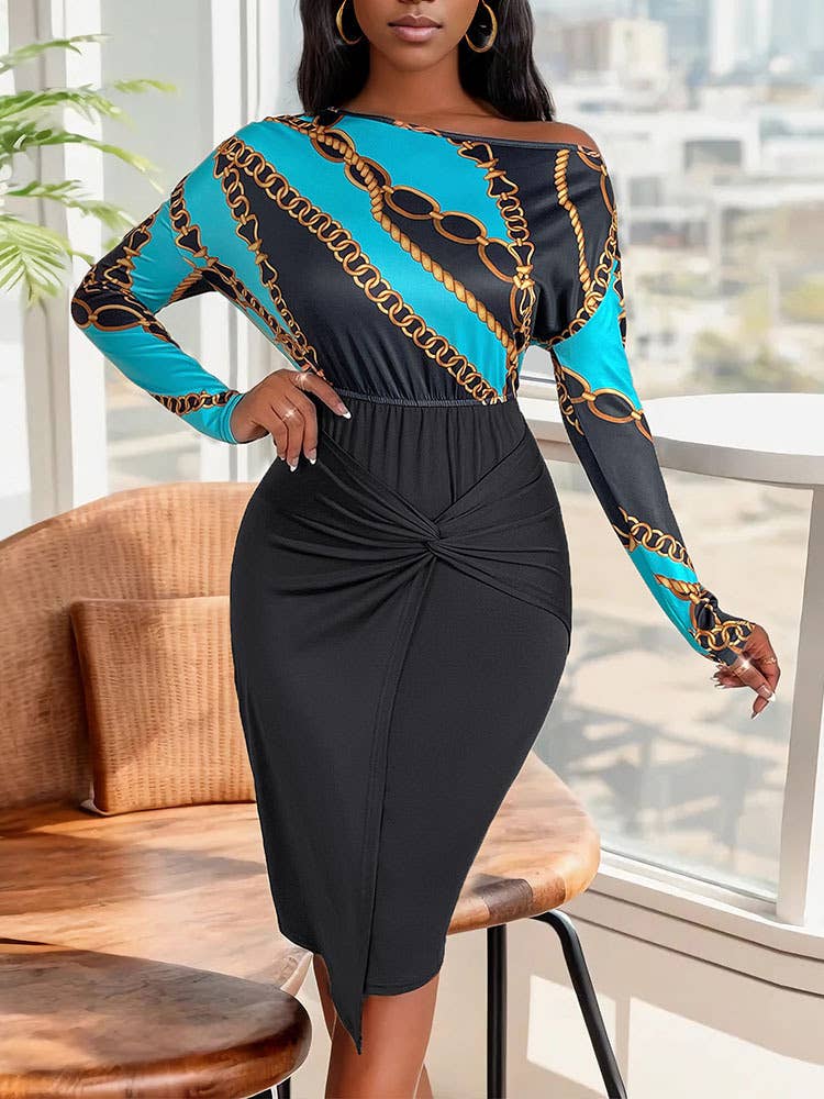 SLIM-FIT WRAP HIP TWIST PATCHWORK ELEGANT DRESS