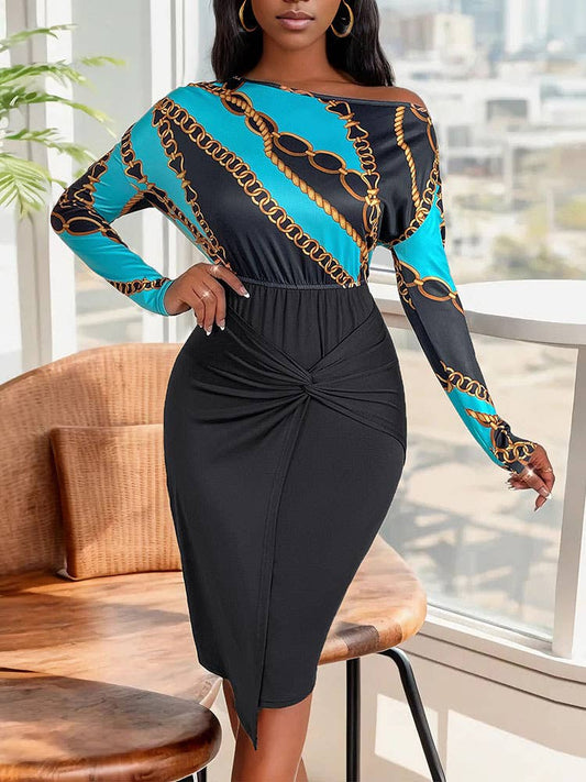 SLIM-FIT WRAP HIP TWIST PATCHWORK ELEGANT DRESS
