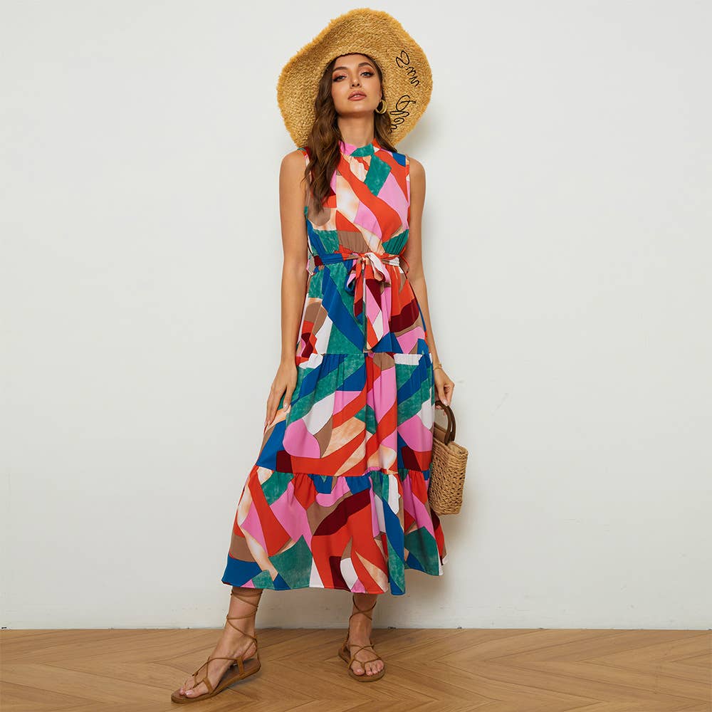 STAND COLLAR PRINT BOHO HOLIDAY SLEEVELESS DRESS
