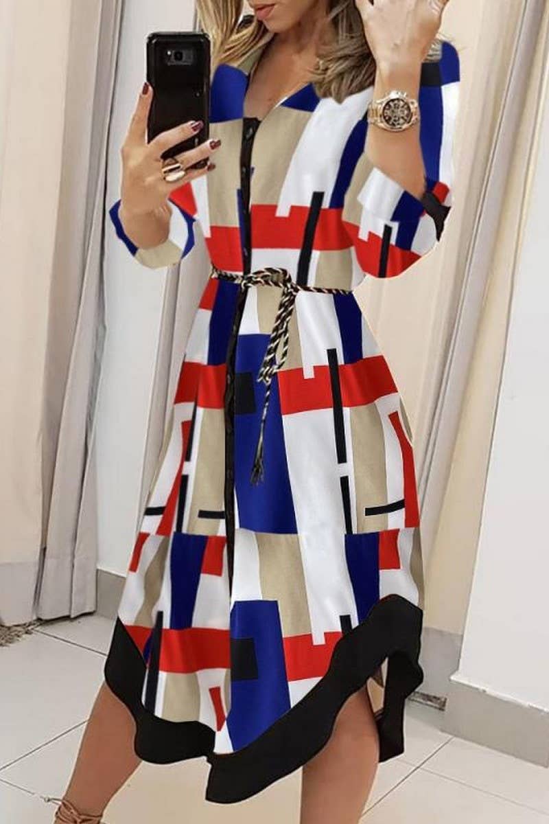 CWDMD4107_PLAID PRINT V-NECK THREE-QUARTER SLEEVE TIE DRESS