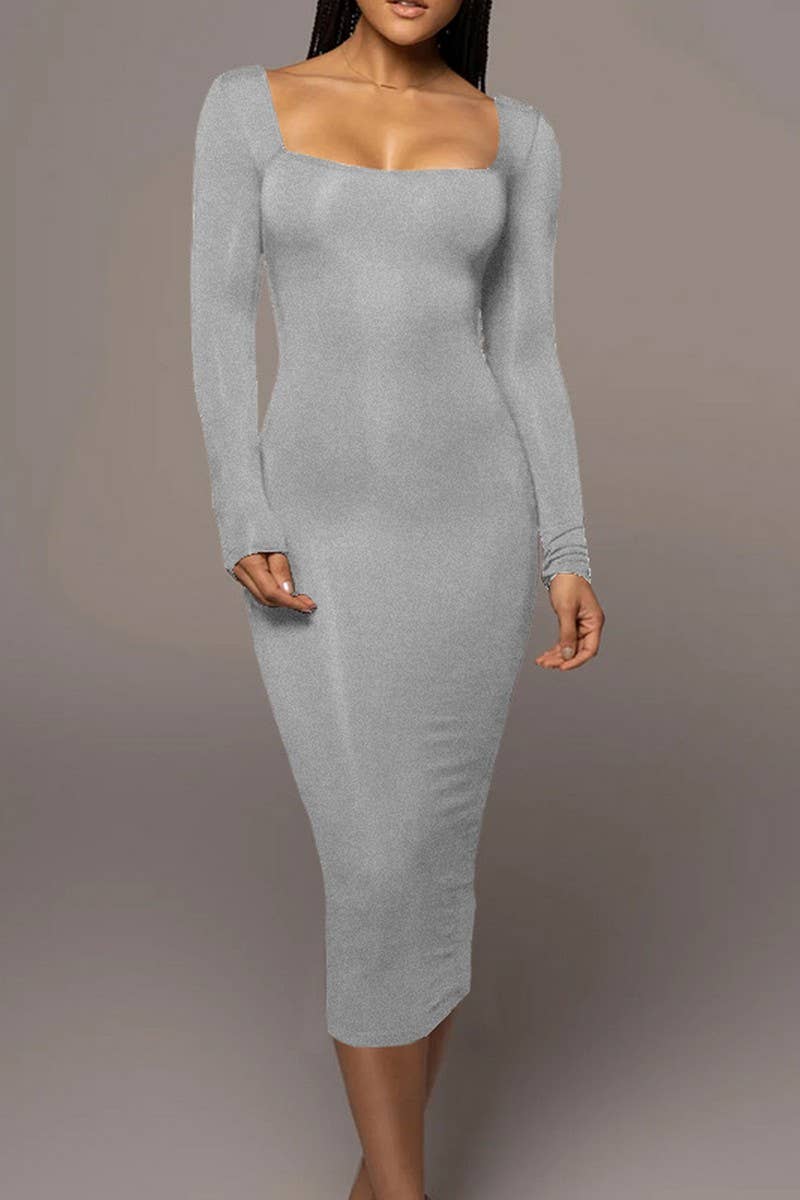 CWDMD4902_SOLID COLOR SLIM SQUARE NECK LONG SLEEVE DRESS