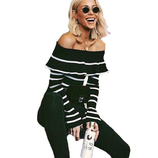Striped ruffled one-neck knitted sweater