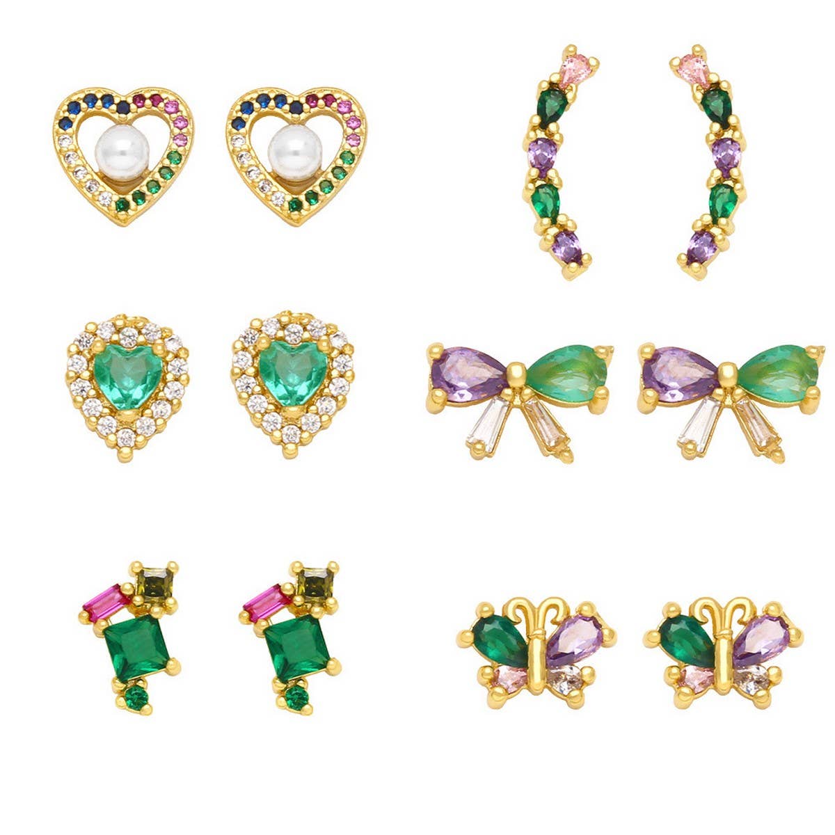 COLORED ZIRCON HEART BOW EARRINGS