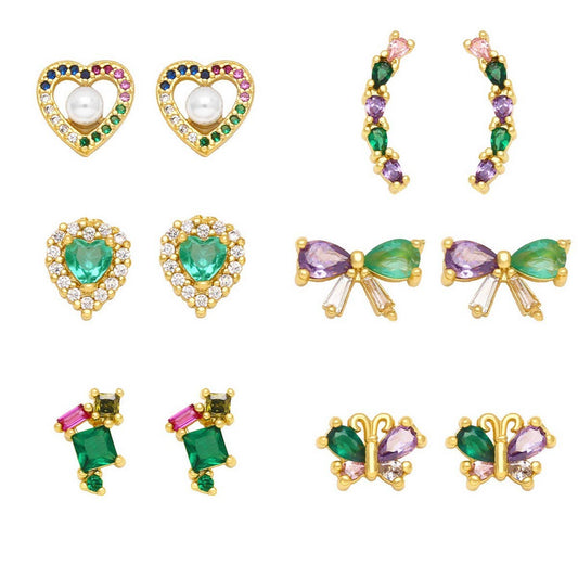 COLORED ZIRCON HEART BOW EARRINGS