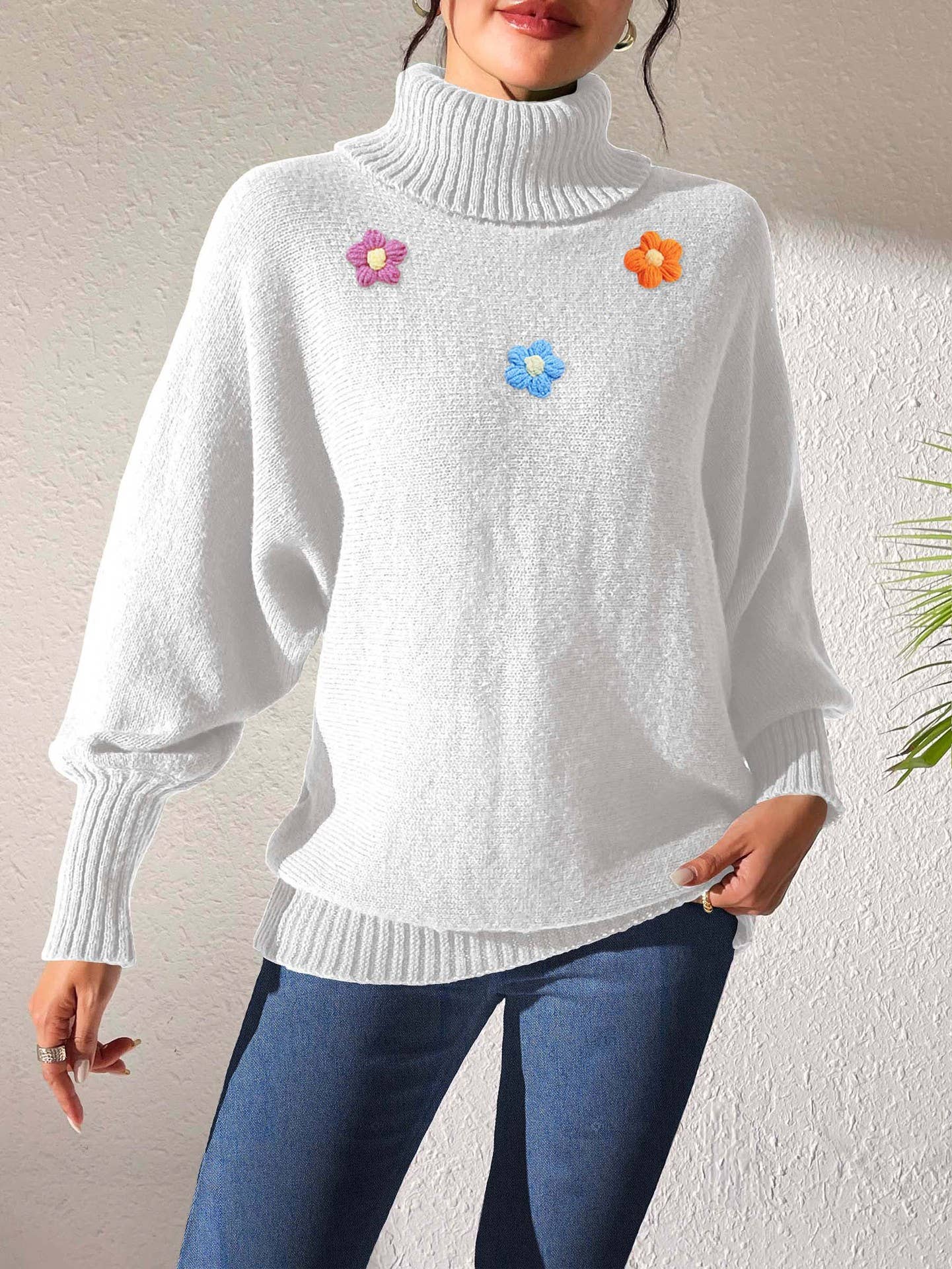 Simple hand-crocheted turtleneck sweater in a solid color