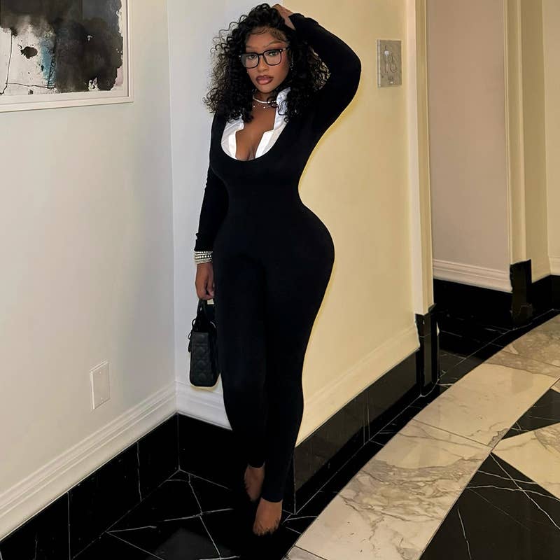 SKINNY ZIPPER LONG SLEEVE WHITE U-NECK JUMPSUIT_CWSJS1257